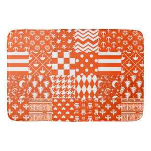 Orange White Mixed Patterns Patchwork Design  Bath Mat