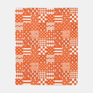 Orange White Mixed Patterns Patchwork Design  Fleece Blanket