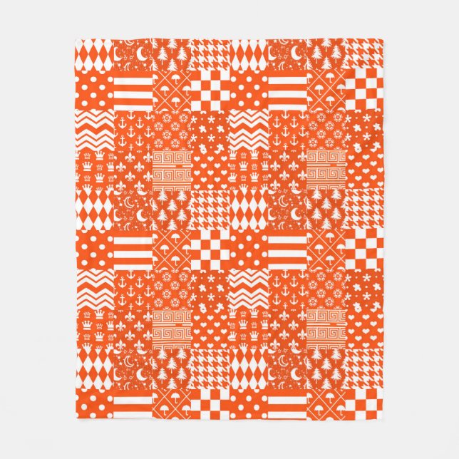 Orange White Mixed Patterns Patchwork Design  Fleece Blanket (Front)