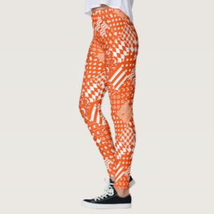 Orange White Mixed Patterns Patchwork Design Leggings