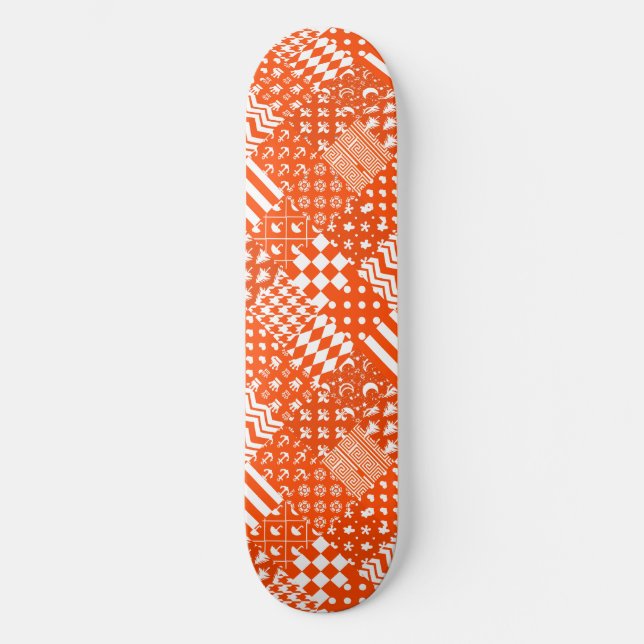 Orange White Mixed Patterns Patchwork Design  Skateboard (Front)