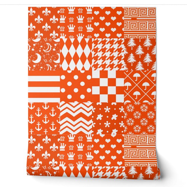 Orange White Mixed Patterns Patchwork Design  Wallpaper (Unrolling)