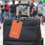 Orange white name script luggage tag<br><div class="desc">A trendy orange background. Personalise and add your name on the front. Your contact information on the back.</div>