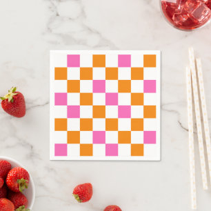 Orange White Pink Chequered Pattern Design Napkin