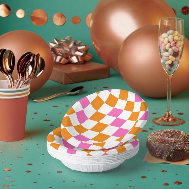 Orange White Pink Chequered Pattern Design  Paper Plate (Multi)