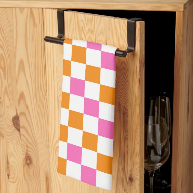 Orange White Pink Chequered Pattern Design  Tea Towel (Thirds Fold)