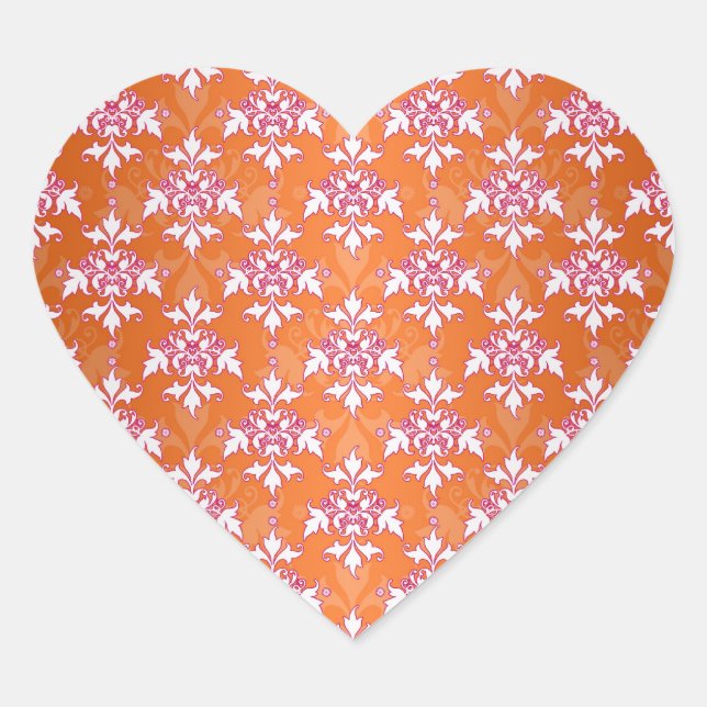 Orange White Pink Damask Pattern Heart Sticker (Front)