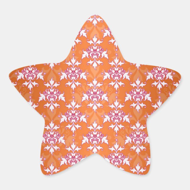 Orange White Pink Damask Pattern Star Sticker (Front)