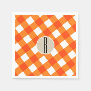 Orange White Plaid Kraft Rustic Monogram Initial Napkin