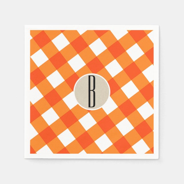 Orange White Plaid Kraft Rustic Monogram Initial Napkin (Front)