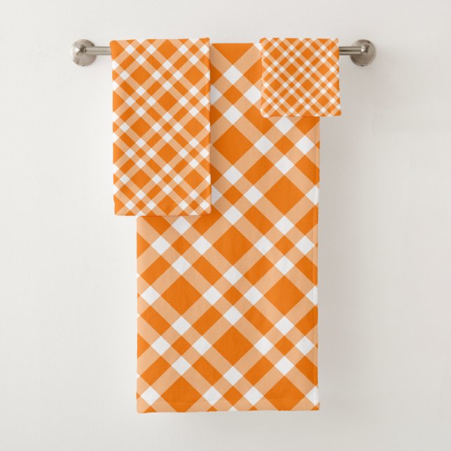 Orange White Plaid Pattern Bath Towel Set (Insitu)