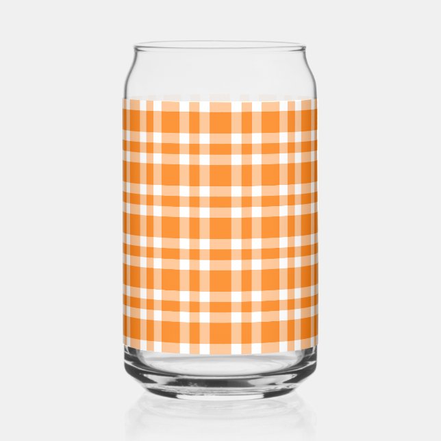 Orange White Plaid Pattern Can Glass (Front)