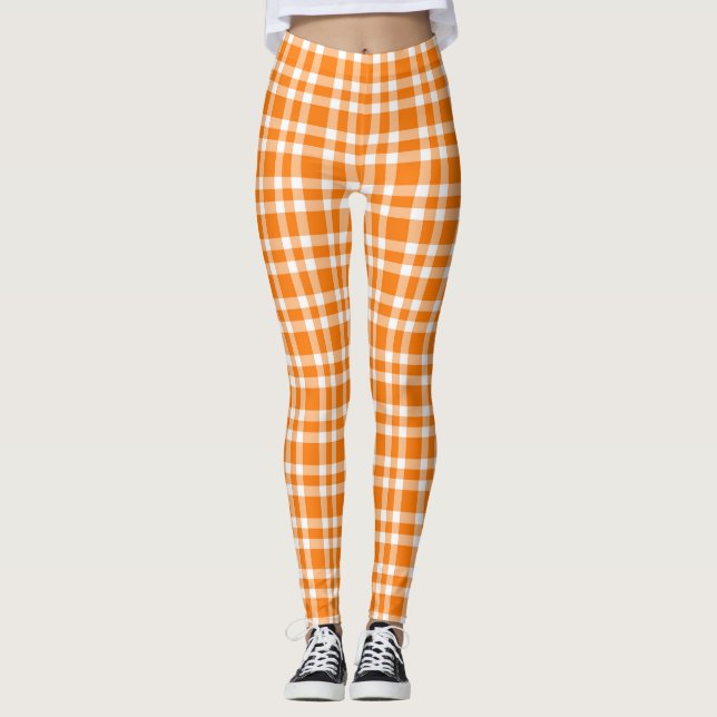 Orange White Plaid Pattern Leggings (Front)