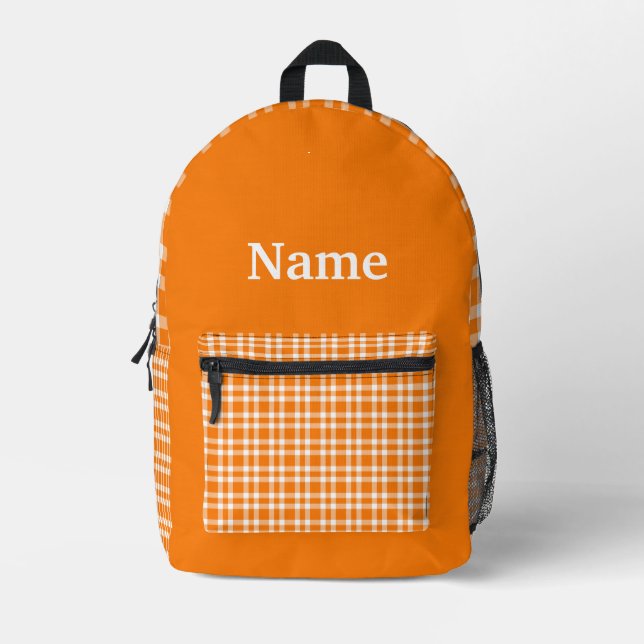 Orange White Plaid Personalise Pattern Printed Backpack (Front)