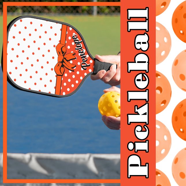 Orange, White Polka Dots, Orange Bow, Personalized Pickleball Paddle (Orange, White Polka Dots, Orange Bow, Personalized Pickleball Paddle)