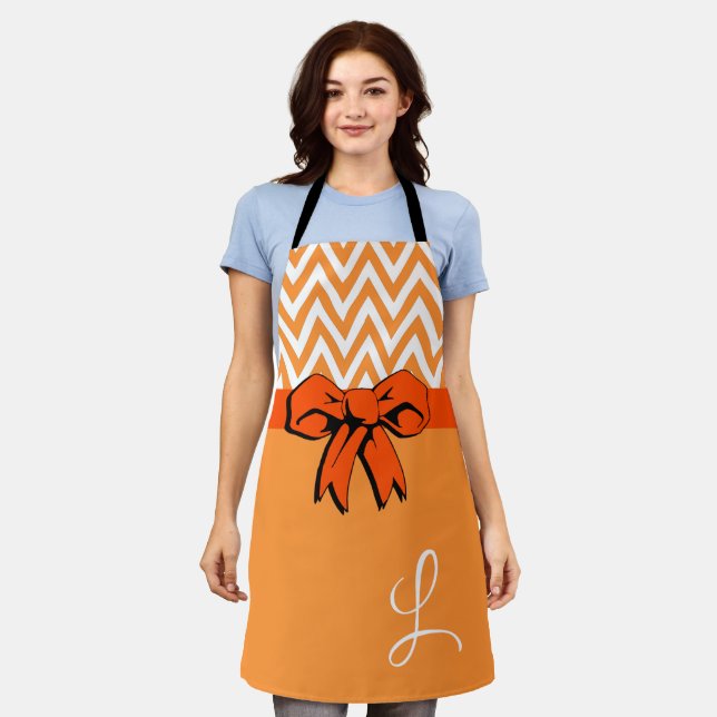 Orange & White Pumpkin Spice Faux Bow Personalised Apron (Worn)