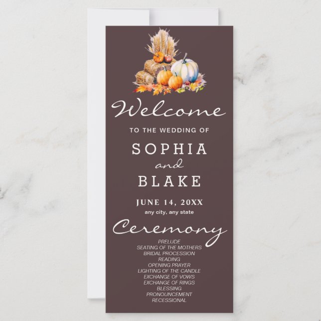 Orange & White Pumpkins Fall Brown Wedding Program (Front)