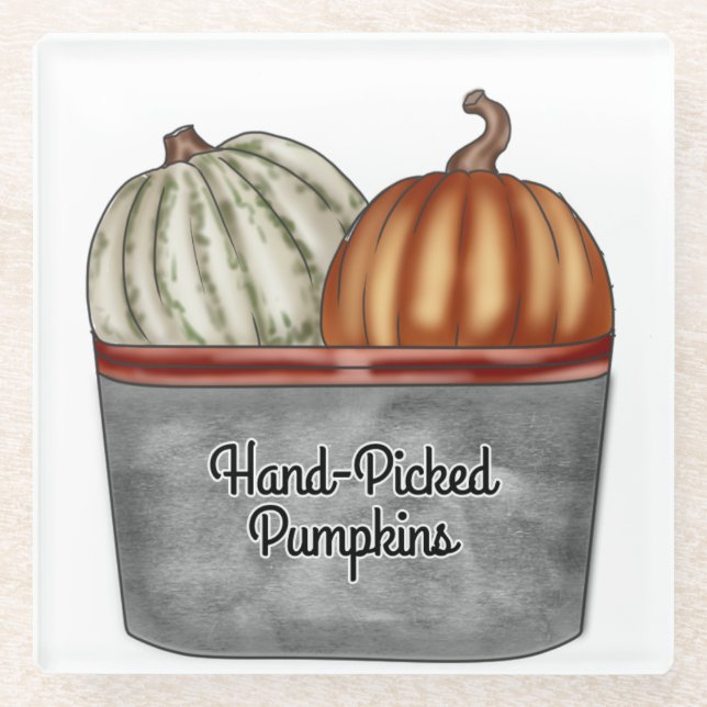 ORANGE & WHITE PUMPKINS IN TIN BASKET GLASS COASTER (Front)