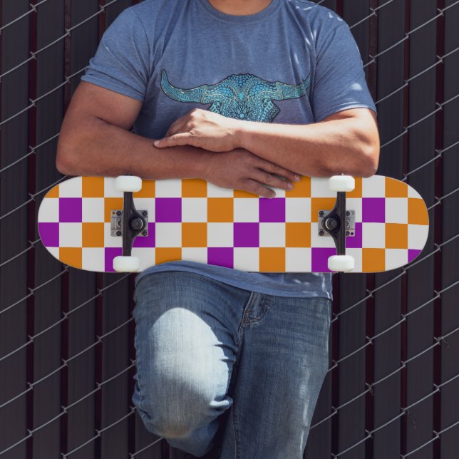 Orange White Purple Checkered Pattern Design  Skateboard (Outdoor 3)