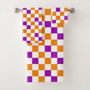 Orange White Purple Chequered Pattern Design  Bath Towel Set