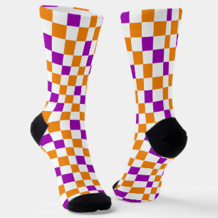 Orange White Purple Chequered Pattern Design Socks