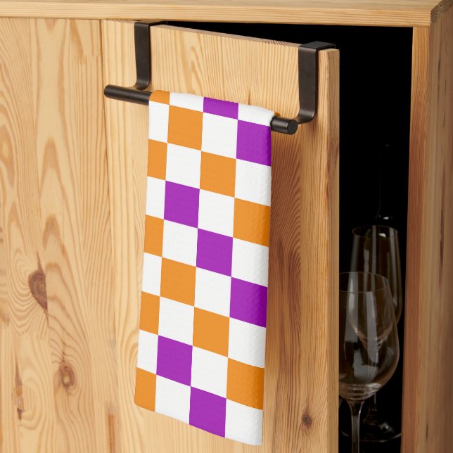 Orange White Purple Chequered Pattern Design  Tea Towel (Thirds Fold)