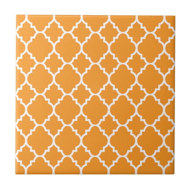 Orange White Quatrefoil Moroccan Pattern Ceramic Tile (Front)