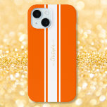 Orange White Racing Stripes Gold Monogrammed Cool iPhone 15 Case<br><div class="desc">Create your own custom, personalised, cool, classy, stylish, classic, orange and white racing stripes design, faux gold typography / script monogram, chic, sleek, stylish, form-fitting, featherlight, trendy, slim profile, lightweight, impact resistant, durable hard plastic, glossy finish Apple iPhone case. To customise, simply type in your name / monogram / initials....</div>