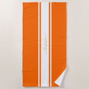 Orange White Racing Stripes Gold Monogrammed Pool Beach Towel