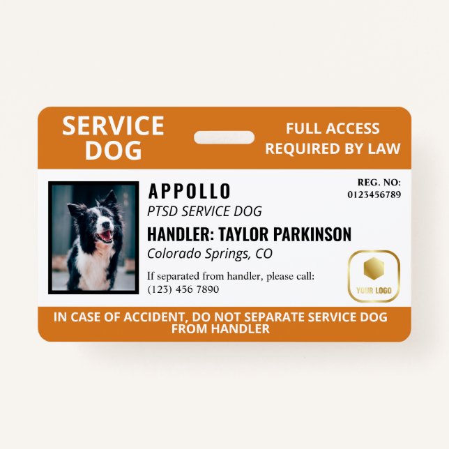 Orange White Service Dog Logo & Photo ID ID Badge (Front)