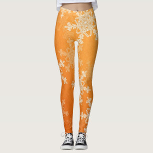 Orange White Snowflakes Minimalist Christmas Leggings