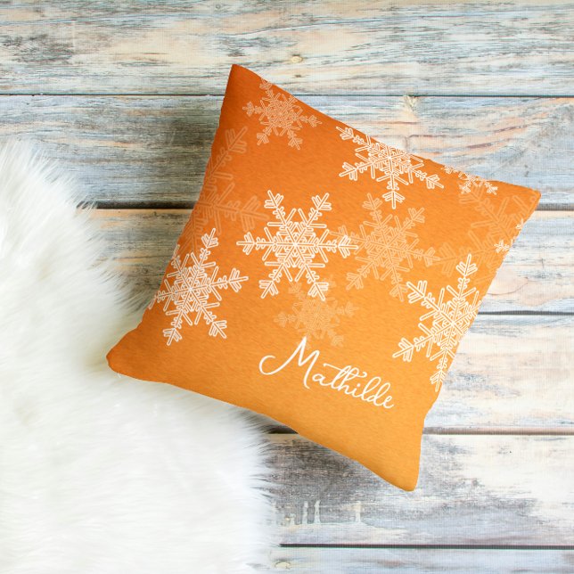 Orange White Snowflakes Minimalist Christmas Name Cushion (Creator Uploaded)