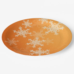 Orange White Snowflakes Minimalist Christmas Paper Plate