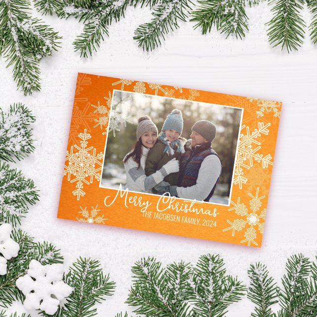 Orange White Snowflakes Minimalist Christmas Photo Holiday Card (Creator Uploaded)