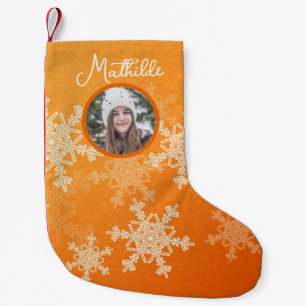 Orange White Snowflakes Minimalist Christmas Photo Small Christmas Stocking