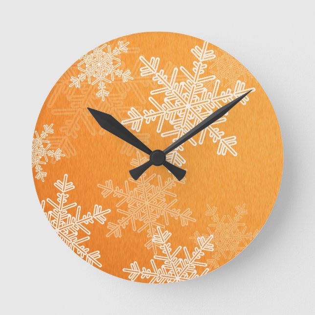 Orange White Snowflakes Minimalist Christmas Round Clock (Front)