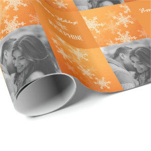 Orange White Snowlfake Minimalist Photo Christmas Wrapping Paper