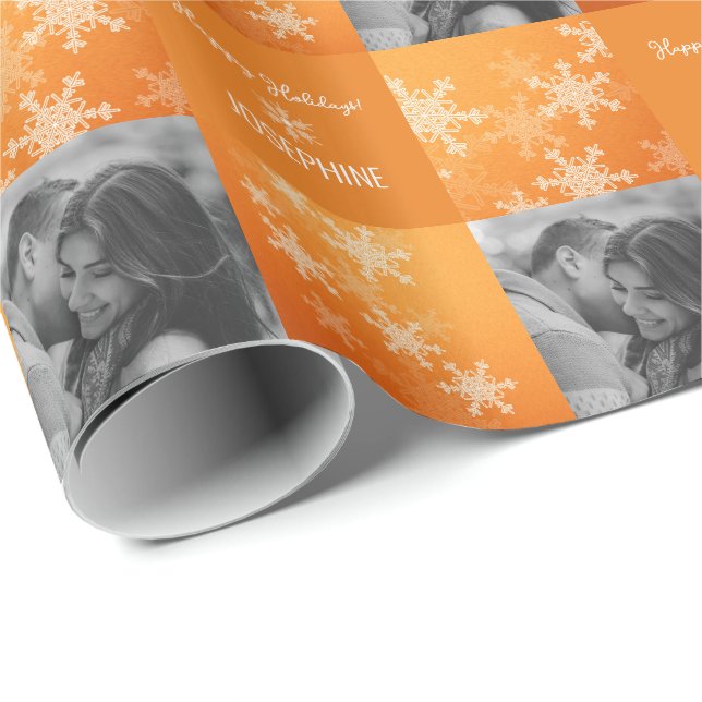 Orange White Snowlfake Minimalist Photo Christmas  Wrapping Paper (Roll Corner)