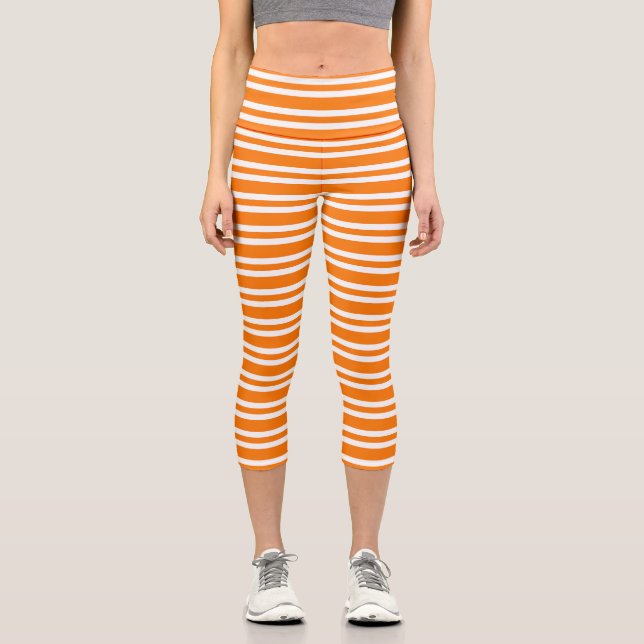 Orange White Stripes Pattern Capri Leggings (Front)