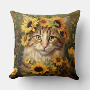 ORANGE & WHITE TABBY CAT WITH PRETTY SUNFLOWERS CUSHION