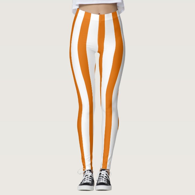 Orange White Vertical Stripe Halloween Costume Leggings (Front)