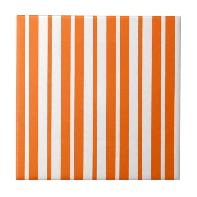 Orange White Vertical Stripes Pattern Ceramic Tile (Front)