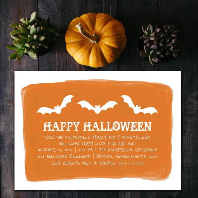 Orange White Watercolor Bats Halloween Party Invitation (Orange and White Watercolor Bats Halloween Party Invite)