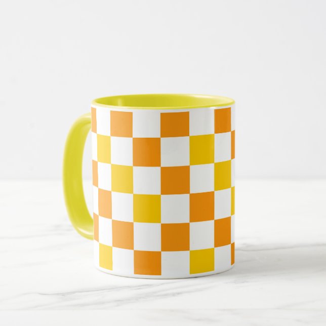 Orange White Yellow Chequered Pattern Design  Mug (Front Left)