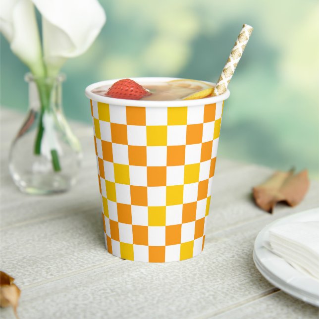 Orange White Yellow Chequered Pattern Design  Paper Cups (Insitu)