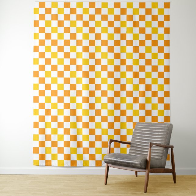Orange White Yellow Chequered Pattern Design  Tapestry (In Situ)
