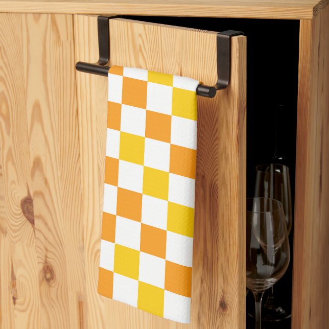 Orange White Yellow Chequered Pattern Design  Tea Towel (Thirds Fold)