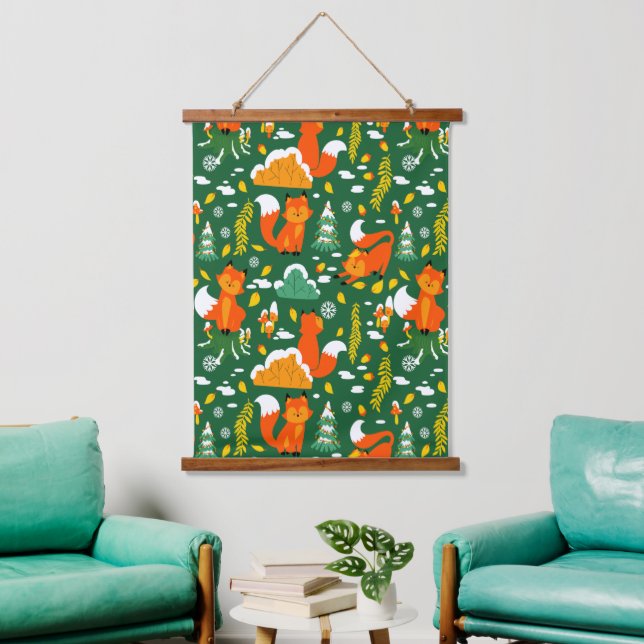 Orange Wild Autumn Winter Forest Fox Hanging Tapestry (Living Room)