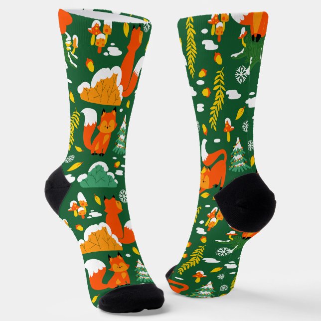 Orange Wild Autumn Winter Forest Fox Socks (Angled)