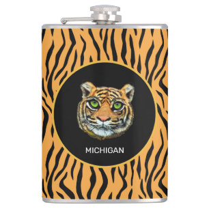 Orange Wild Tiger Face on Tiger Skin Pattern Hip Flask